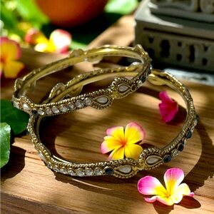 Two Indian Polki Bangle Bracelets,sapphire blue&clear CZ,Mother of pearl stones